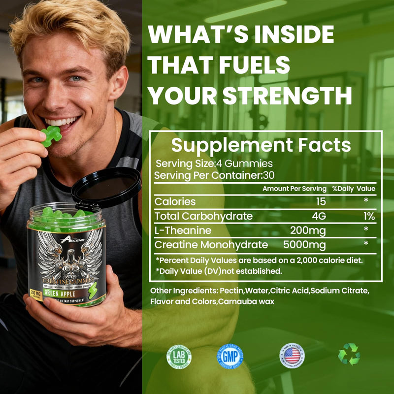 Ascend Creatine Monohydrate Gummies - 5000mg per Serving | Green Apple, 30 Servings