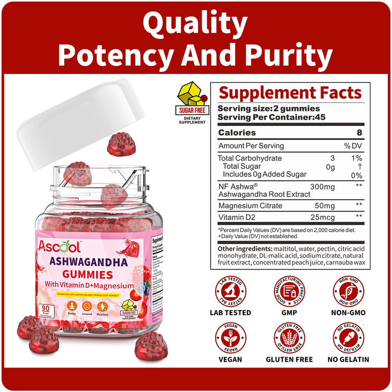 Ascool Sugar-Free Vegan Ashwagandha Gummies – Water-Soluble Root Extract + Vitamin D & Magnesium