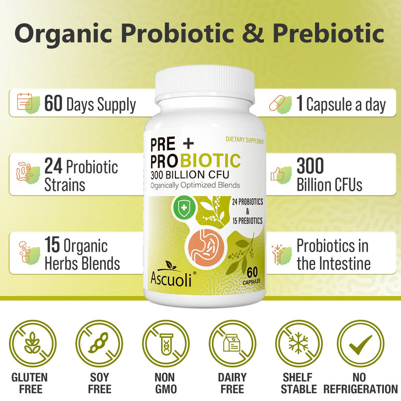 Ascuoli Probiotics for Women & Men – 300B CFU, 24 Strains + 15 Organic Herbs Prebiotic Blend | 240 Veg Capsules