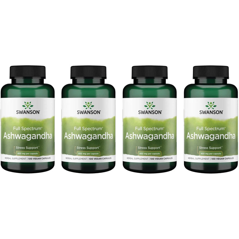 Swanson Ashwagandha Powder Supplement - Stress Relief & Energy | Ayurvedic Root 450mg, 100 Capsules, 4 Pack