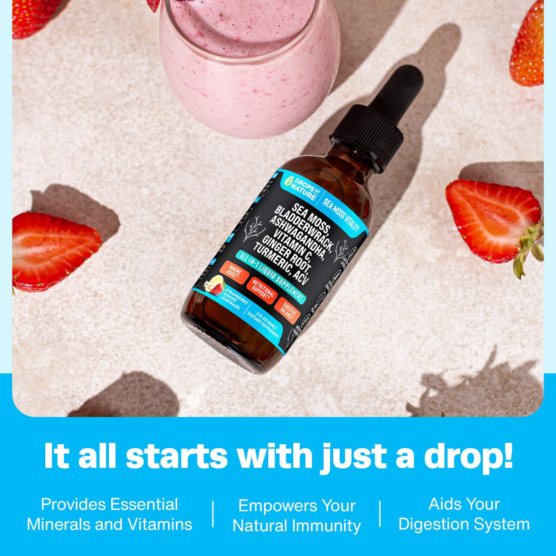 Ashwagandha & Turmeric Liquid Drops – Strawberry Ginger Lemonade (60mL) | Vegan Immune Support, Vitamin C, Sea Moss & Apple Cider Vinegar