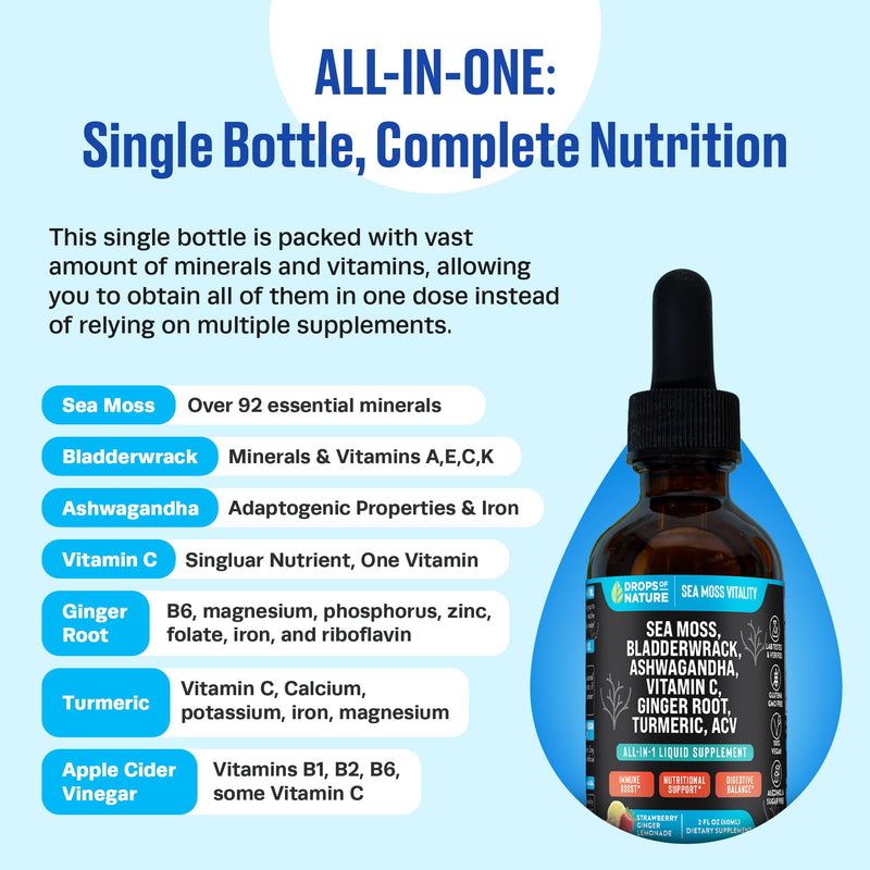 Ashwagandha & Turmeric Liquid Drops – Strawberry Ginger Lemonade (60mL) | Vegan Immune Support, Vitamin C, Sea Moss & Apple Cider Vinegar