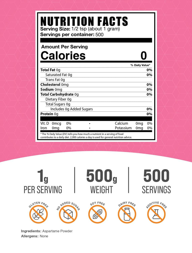 BulkSupplements.com Aspartame Powder - Sugar Substitute, Gluten Free, 500g, 1g Serving