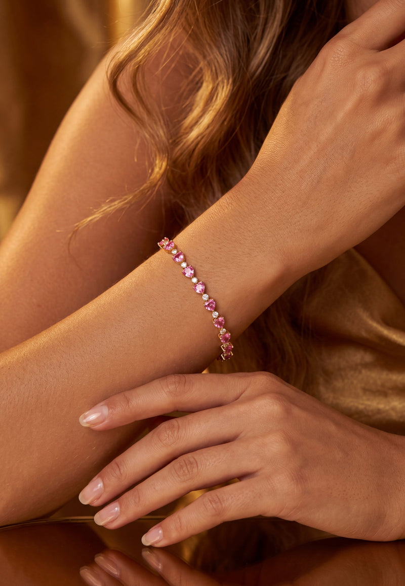 Asscher Cut Heart Tennis Bracelet Ruby Gold