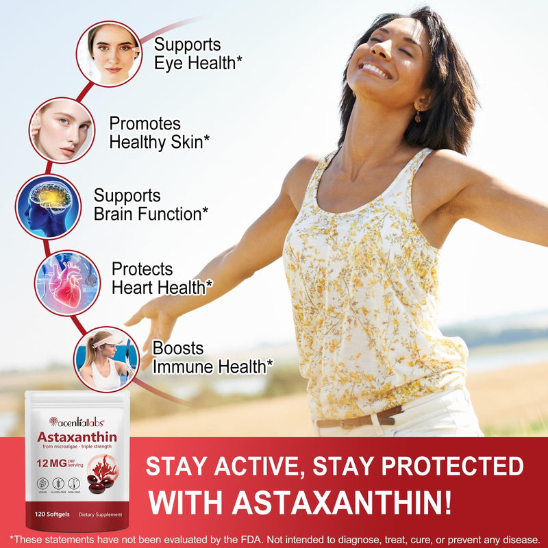 Astaxanthin 12mg, Premium Astaxanthin Antioxidant Supplements | Fresh Microalgae Source | Supports Eye, Joint, Internal Circulation, Skin Health, Non-GMO & No Gluten, 120 Softgels, 4 Month Supply
