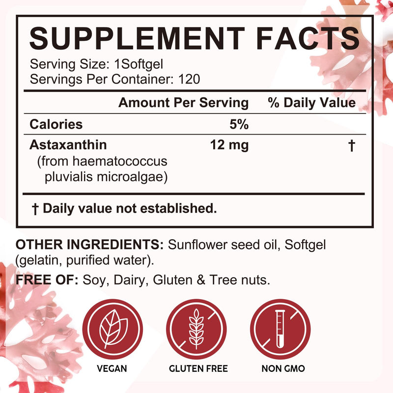 Astaxanthin 12mg, Premium Astaxanthin Antioxidant Supplements | Fresh Microalgae Source | Supports Eye, Joint, Internal Circulation, Skin Health, Non-GMO & No Gluten, 120 Softgels, 4 Month Supply