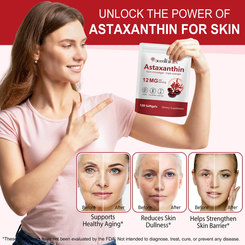 Astaxanthin 12mg, Premium Astaxanthin Antioxidant Supplements | Fresh Microalgae Source | Supports Eye, Joint, Internal Circulation, Skin Health, Non-GMO & No Gluten, 120 Softgels, 4 Month Supply