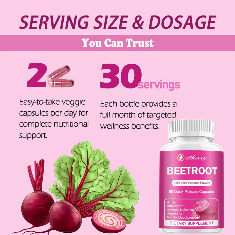 Etheray Beetroot Capsules - 1300mg per Serving | Organic Beetroot Powder - 60 Capsules