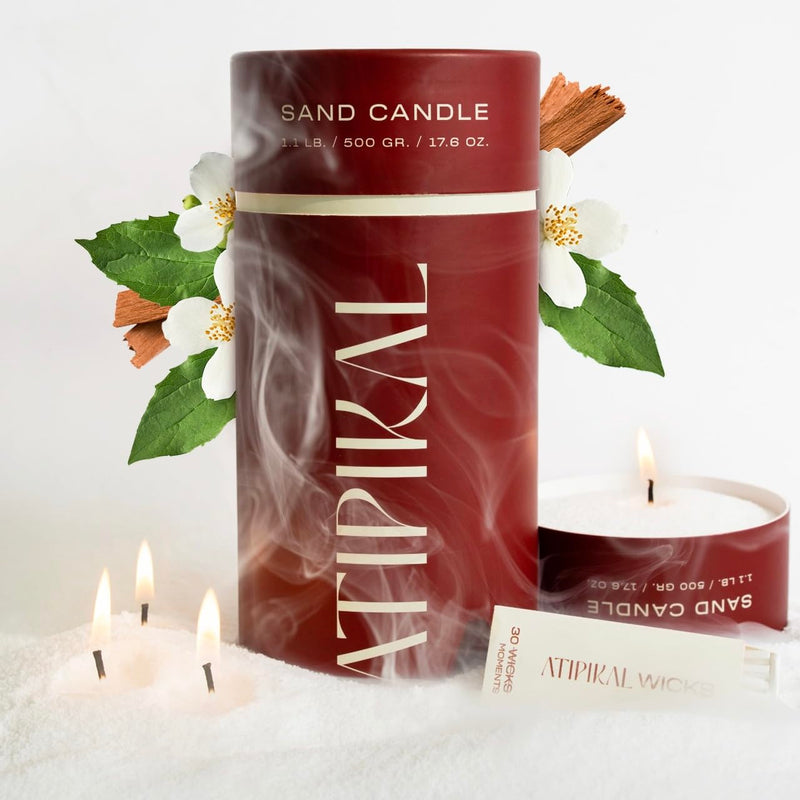 Atipikal Sand Candle 18oz – Saldalwood Jasmine Pearled Wick Candle, 120h Burn