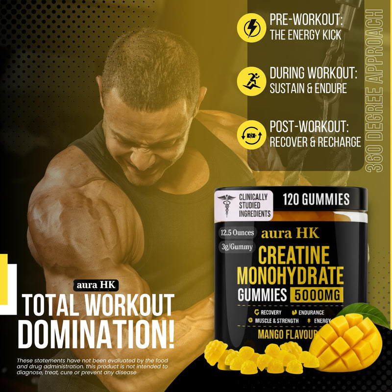 aura HK Creatine Monohydrate Gummies 5000mg 120 Count Sugar Free for Men & Women - Mango Flavor Vegan Creatine Supplement for Muscle Strength, Energy, Endurance & Workout Gummies
