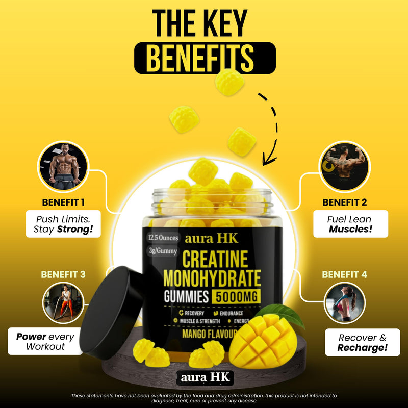 aura HK Creatine Monohydrate Gummies 5000mg 120 Count Sugar Free for Men & Women - Mango Flavor Vegan Creatine Supplement for Muscle Strength, Energy, Endurance & Workout Gummies