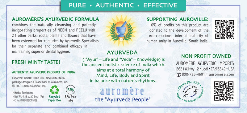 Auromere Ayurvedic Herbal Toothpaste - Fresh Mint, 4.16 oz, 2 Pack | Vegan, Fluoride Free, Gluten Free