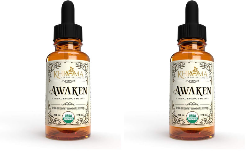 Awaken Organic Energy Supplement – 2 oz Liquid (Pack of 2) – Yerba Mate, Eleuthero Root, Red Ginseng, Peppermint, Ginkgo, Ashwagandha, Guayusa | Khroma Herbs