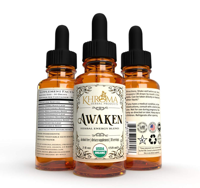 Awaken Organic Energy Supplement – 2 oz Liquid (Pack of 2) – Yerba Mate, Eleuthero Root, Red Ginseng, Peppermint, Ginkgo, Ashwagandha, Guayusa | Khroma Herbs