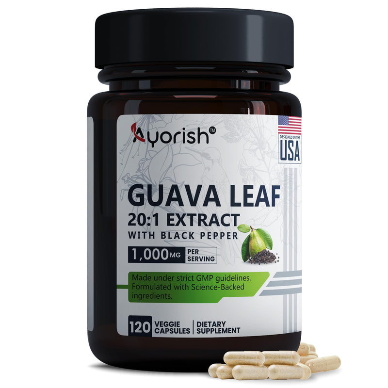 Ayorish Guava Leaf Extract 1000mg (20:1) with Piperine – 120 Veggie Caps (60-Day Supply)