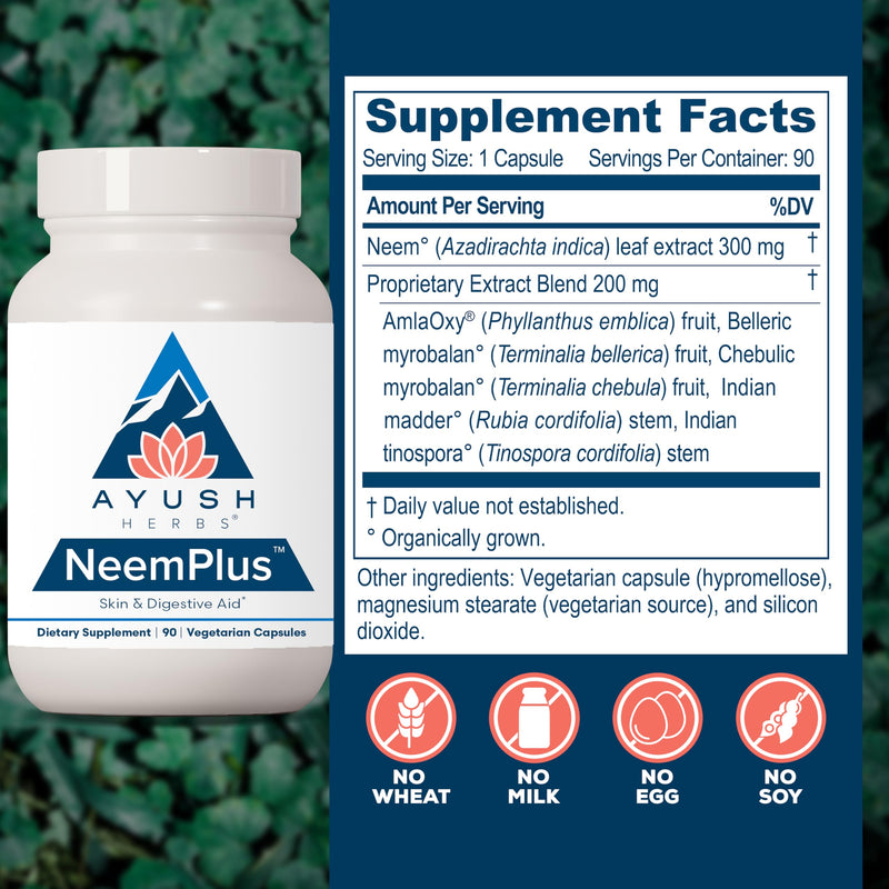 Ayush Herbs Neem Plus - Digestive Health, Skin & Immune Support, 90 Vegetarian Capsules