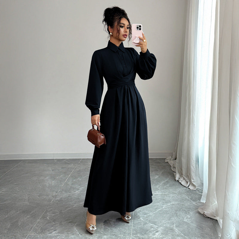 Women's Solid-Color Simple And Stylish Button-Down Long-Sleeve Dress