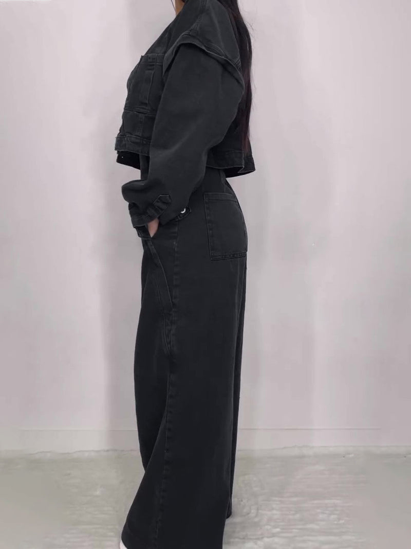 Denim Bandeau Zipper Jumpsuit & Jacket Set