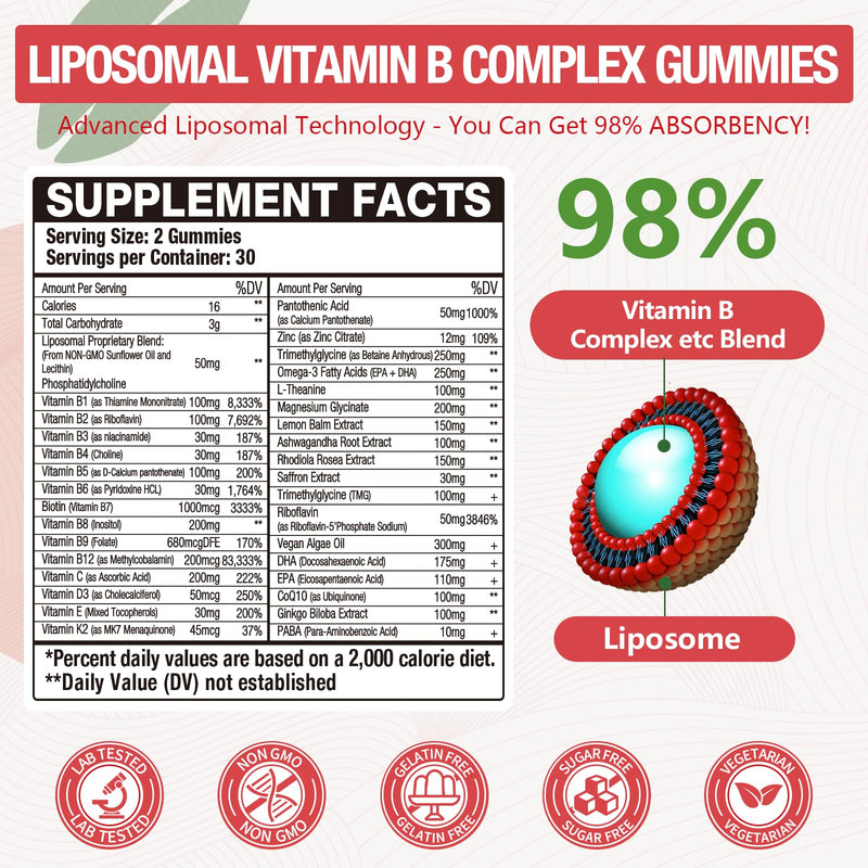 33-In-1 Liposomal Vitamin B Complex Gummies – B1 to B12 + C, D3 & K2 | Energy, Immunity & Heart Support