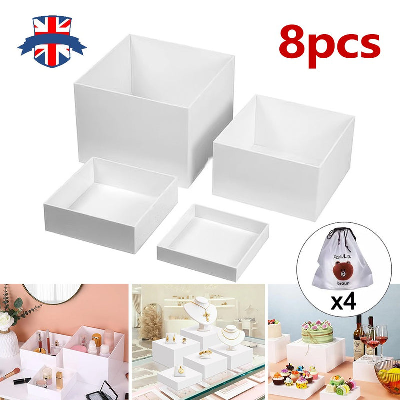 NEW 4pc+4pc Acrylic Cube Display Box Riser Nesting Riser Stands for Dessert Cake UK
