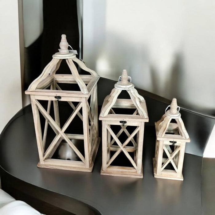 59/36/25CM SET 3 WOODEN LANTERNS