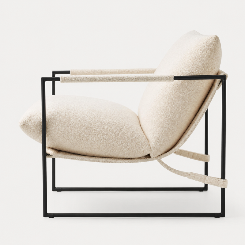 Danish Style Ivory Bouclé Lounge Chair with Black Metal Frame