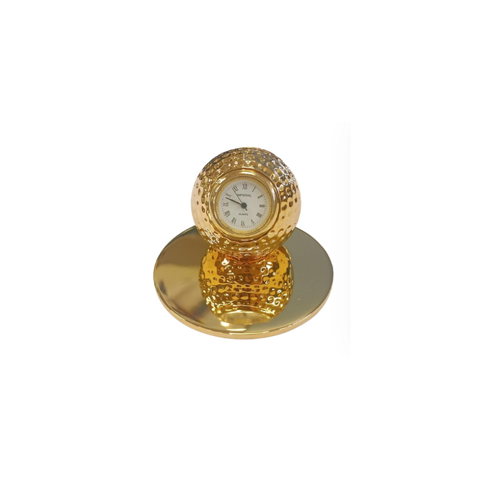 Miniature Clock Goldtone Plated Metal Golf Ball on Stand Solid Brass IMP73G- CLEARANCE NEEDS RE-BATTERY