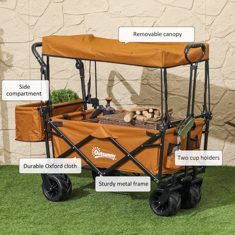 Outsunny Outdoor Push Pull Wagon Stroller Cart w/ Canopy Top Orange