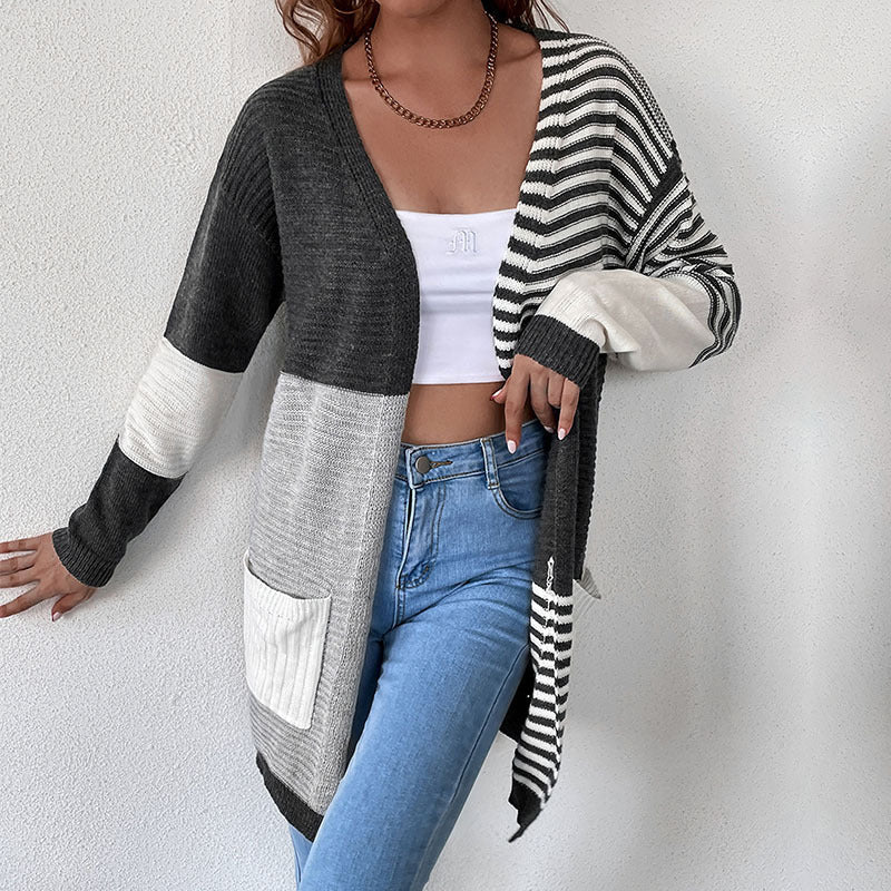 Women's Patchwork Stripes Cardigan Sweater Coat