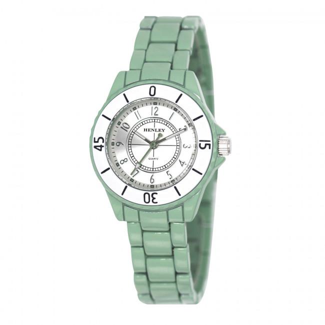 Henley Ladies Enamelled Round Case Silver sunray dial Green Bracelet Watch H07241.11