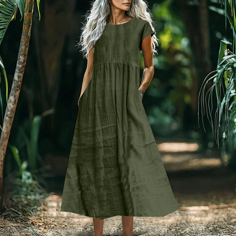 Women's Solid-Color Loose-Fitting All-Match Cotton-Linen Dress With Pockets