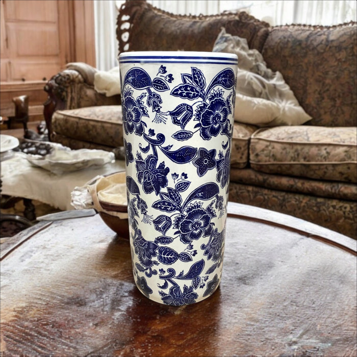 18" ROUND BLUE & WHITE FLORAL UMBRELLA STAND