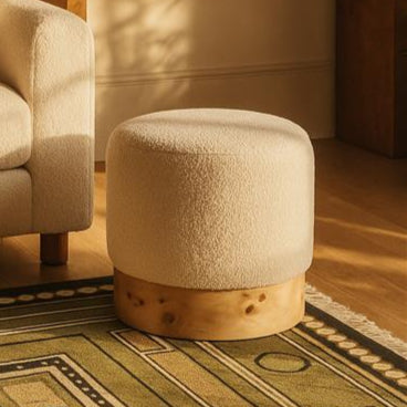 Burl Wood and Cream Boucle Round Stool | Mota