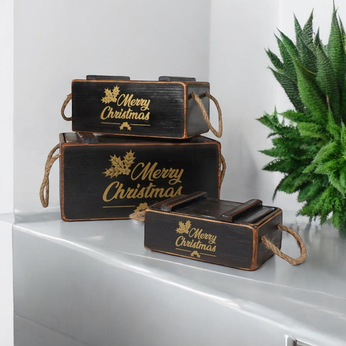 S/3 BLACK WOODEN CRATES WITH LIDS ROPE HAN