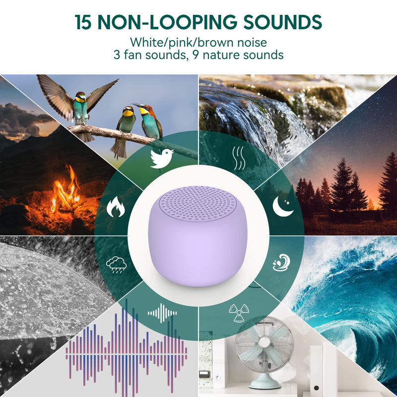BABELIO White Noise Machine Mini – 15 Non-Looping Sounds | Pocket-Sized Purple