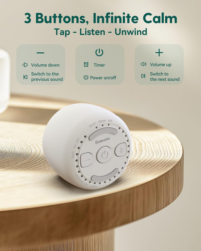 Babelio Portable White Noise Machine + Grey Travel Case | Pocket-Sized Sleep & Focus for All Ages