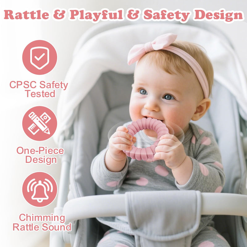 Baby Teether Toys - Silicone Teether Rings with Rattle (3 Pack)