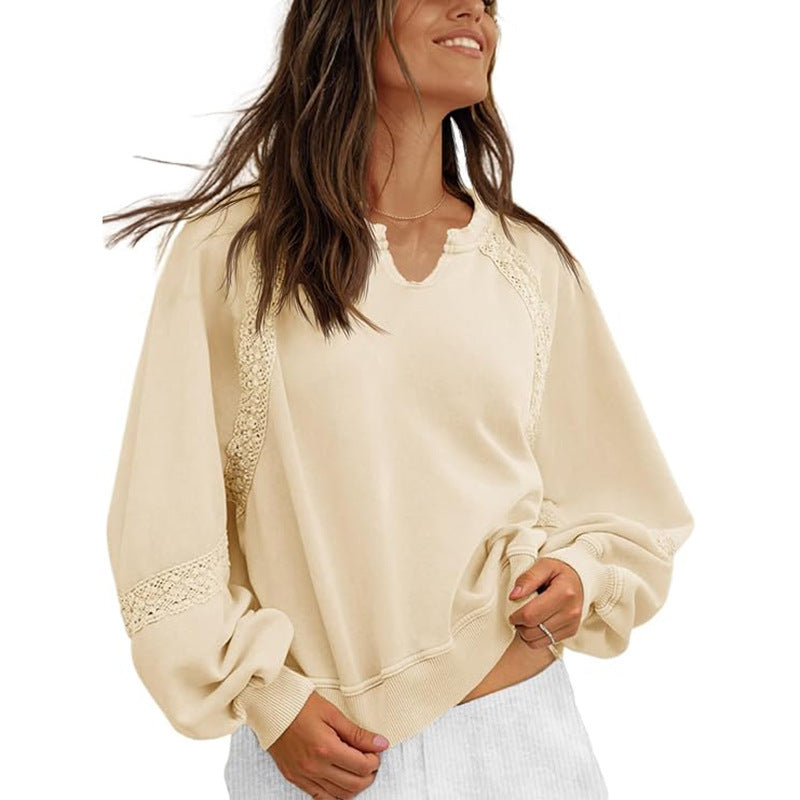 Women's Sweatshirt Casual V-neck Lace Sweater
