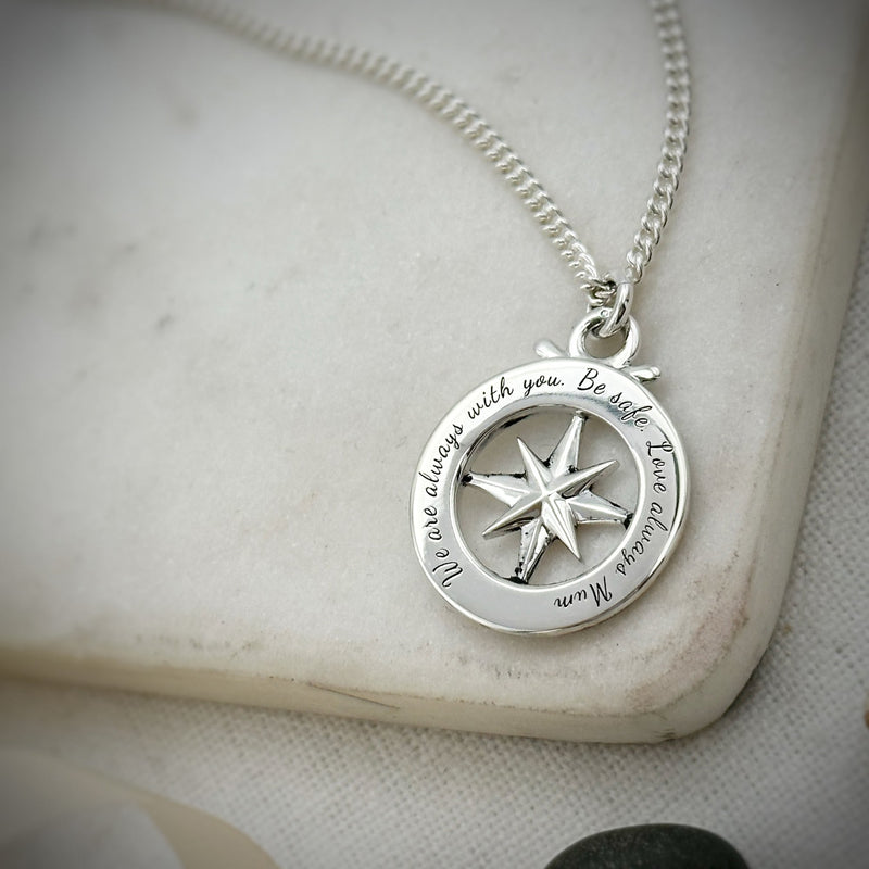Travel Safe Outline Compass Large St Christopher Silver Necklace