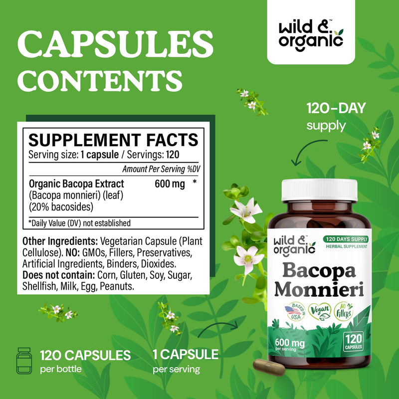 Wild & Organic Bacopa Monnieri Capsules 600 mg | Brain Support | 120-Count | Vegan