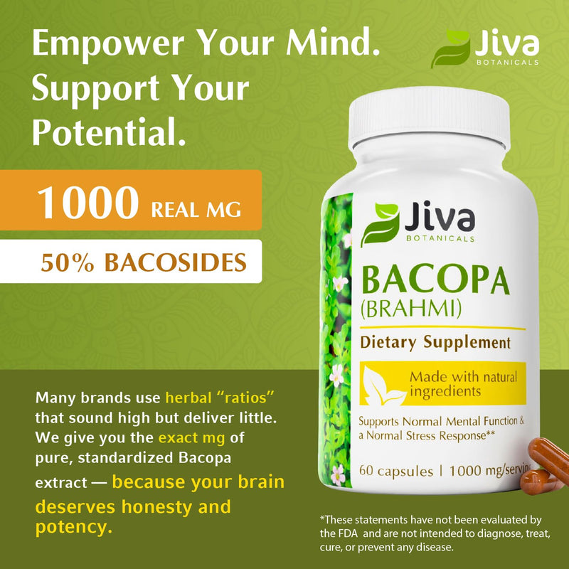 Jiva Botanicals Bacopa Monnieri 1000mg – Focus & Memory Support (60 Capsules)