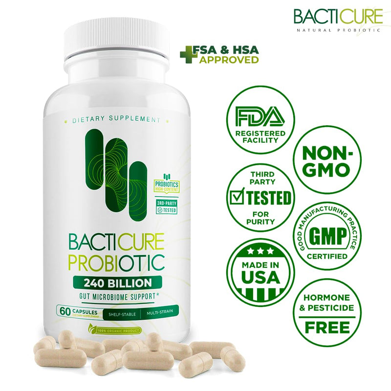 Bacticure Probiotic 240 Capsules | High-CFU Probiotics for Digestion, Gut Health, Immunity & Womens Wellness