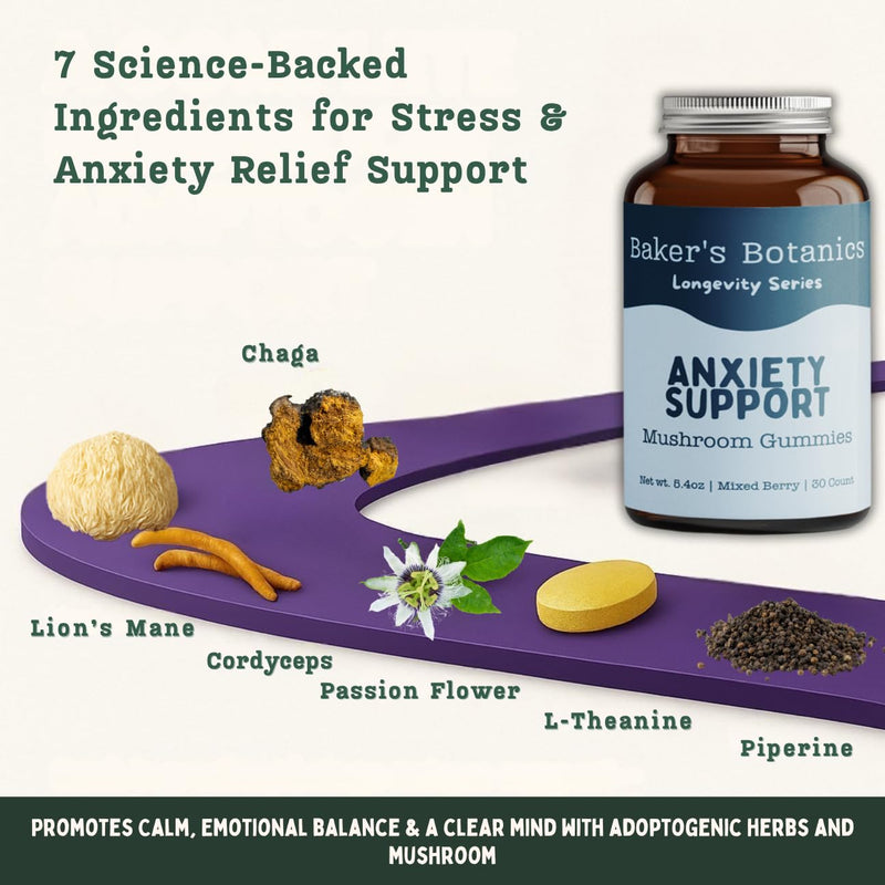 Baker's Botanics Longevity Anxiety Support Gummies | Calm, Stress Relief & Mood Balance