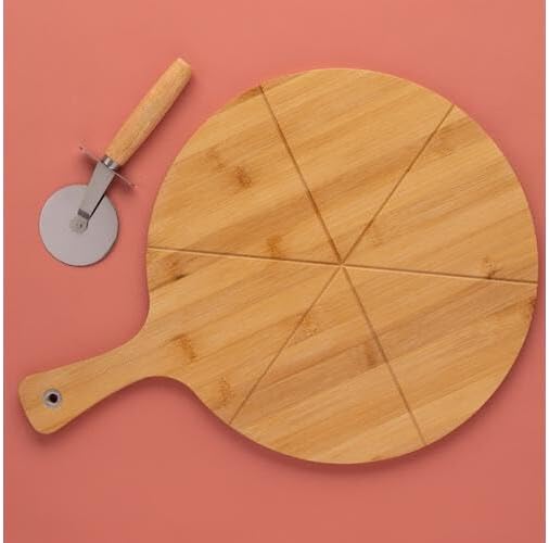 Round Bamboo Pizza Board with Cutter & Serving Handle 30cm