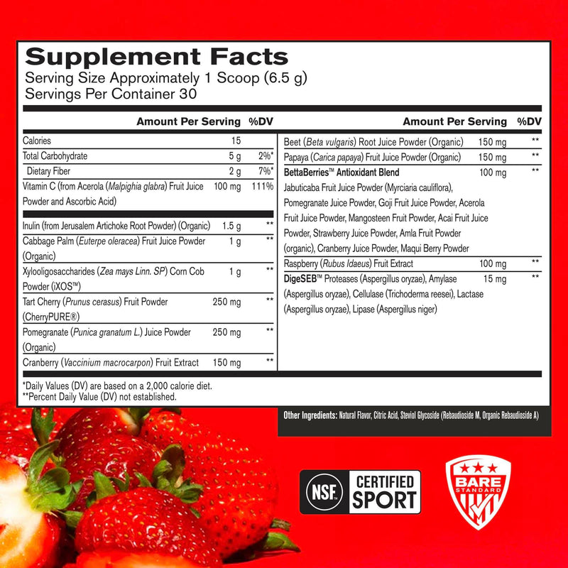 BARE PERFORMANCE NUTRITION Strong Reds Superfood Powder - Strawberry, 30 Servings