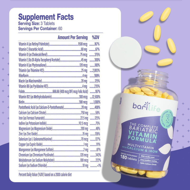 Bari Life Complete Bariatric Multivitamin - Non-Chewable Tablet with Calcium Citrate & Iron (180 Tablets)