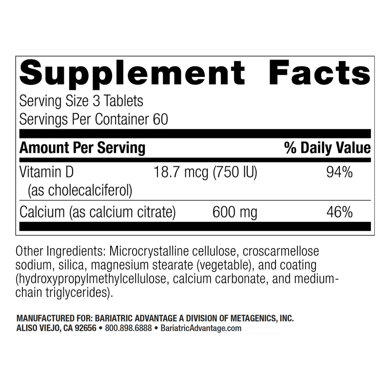 Bariatric Advantage Calcium Citrate 600 mg Non-Chewable | Vitamin D3 | 180 Tablets