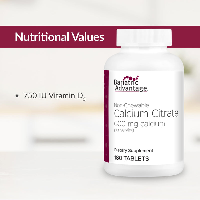 Bariatric Advantage Calcium Citrate 600 mg Non-Chewable | Vitamin D3 | 180 Tablets
