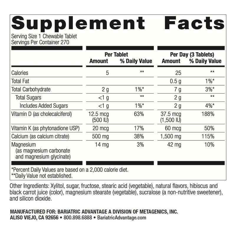 Bariatric Advantage Calcium Citrate Chewable 500 mg – Cinnamon | 270 Count – Post-Surgery Bariatric Calcium Supplement