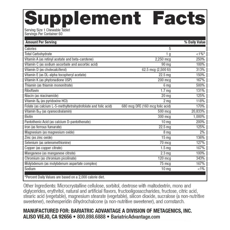 Bariatric Advantage ADEK with Iron – High Potency Chewable Multivitamin (60 Tablets) – Tropical Fruit